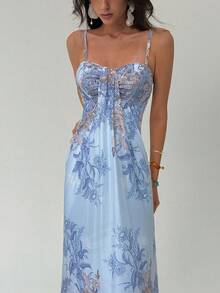 Aloruh 女式夏季度假植物印花无袖连衣裙 - 淺藍色 - 查看 3