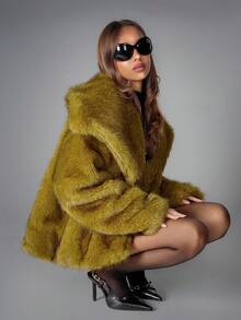 SHEIN ICON 女式黑色浸染绿色仿皮草夹克，秋冬 - 綠色 - 查看 5