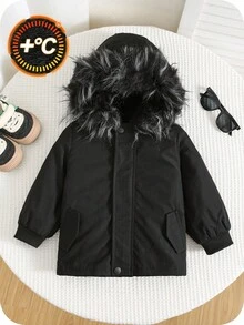 SHEIN 男嬰純黑色冬季簡約約會款加厚連帽外套，人造毛領保暖內裡加厚夾克，幼兒冬季百搭外衣 - 黑色 - 查看 4