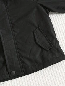 SHEIN 男嬰純黑色冬季簡約約會款加厚連帽外套，人造毛領保暖內裡加厚夾克，幼兒冬季百搭外衣 - 黑色 - 查看 8