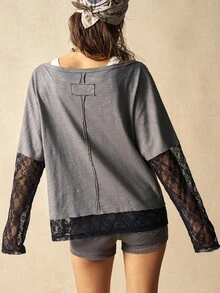Bohemela Áo thun cổ tròn tay dài màu trơn dệt kim tương phản cổ điển dành cho nữ mùa thu/đông, phong cách miền Tây, đi nghỉ mát, thích hợp mặc đi nghỉ & mặc hàng ngày & trở lại trường, Halloween, Giáng sinh - Màu xám đen - Xem 7