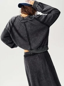 Bohemela 2 件套女士休闲纯色针织圆领长袖宽松运动衫和宽松裙子 - 黑色 - 查看 6