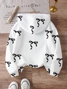 Sparklyn Back To School Girls Hollow Line Bow Print Hooded Sweatshirt, Fall Clothes Winter - Multicolor - View 2