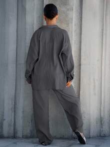 SAYEHFBABY 2pcs Women Solid Color Long Sleeve Single-Breasted Shirt And Pants Casual Suit, Autumn - Grey - View 2