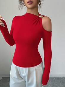 Gloray Camiseta feminina de manga comprida, cor sólida, justa, sexy, com decoração de metal, vazada, ombro de fora