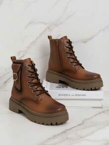 Botas para mujer, bolsillo decorativo, plataforma gruesa, punta redonda con agujetas y cierre lateral, estilo vintage urbano para diario - Café integral - Ver 3