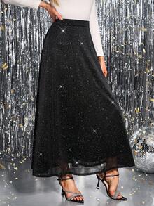 SHEIN Clasi Women's High Waist Shiny Elegant A-Line Midi Skirt Christmas Winter Skirt  New Year  Thanksgiving Party Black  Elegant Luxury - Black - View 6