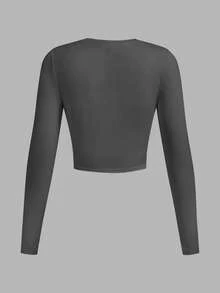 SHEIN EZwear 3 件套休闲纯色条纹修身短款长袖圆领 T 恤，大码女款，适合春秋季 - 彩色 - 查看 8