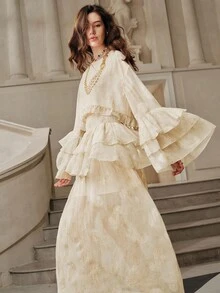 Anewsta Savoree 2件套荷叶边下摆优雅A字裙套装，春秋 - 杏色 - 查看 5