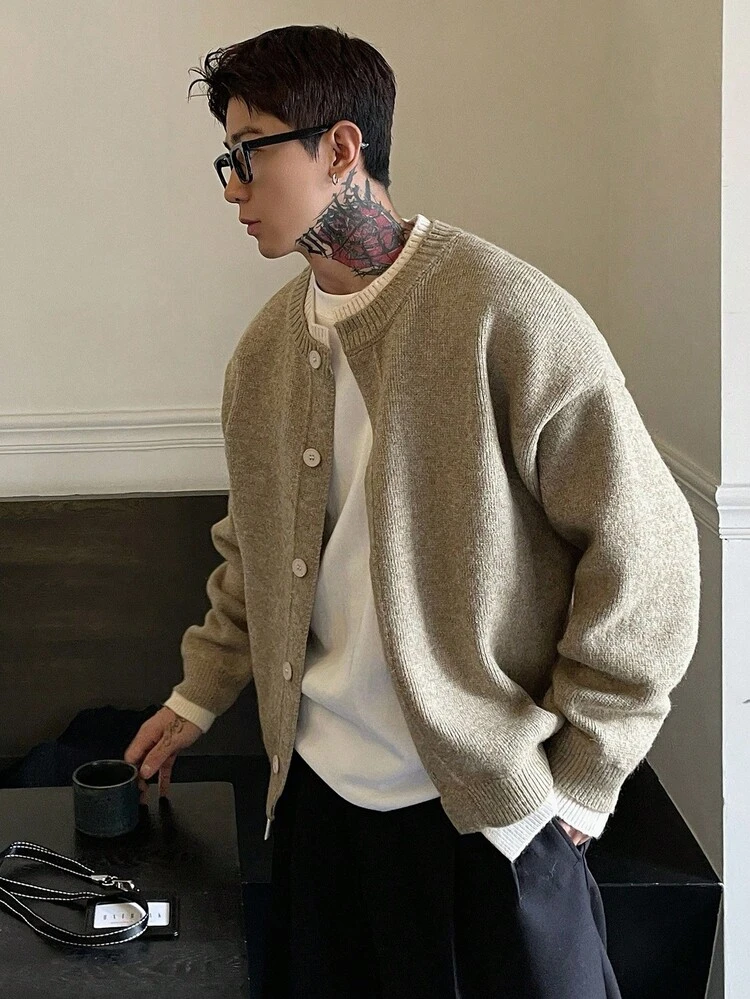 Men's Solid Color Contrast White Cardigan, Autumn, Grunge Style