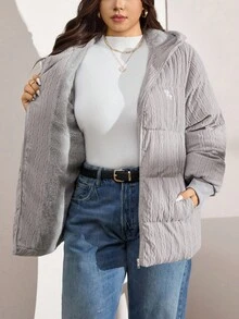 Zelara 大码女式纯色长袖拉链连帽羽绒服，冬季假日保暖灰色外套，冬季舒适保暖，适合秋季圣诞节、新年、感恩节派对等场合 - 淺灰色 - 查看 1