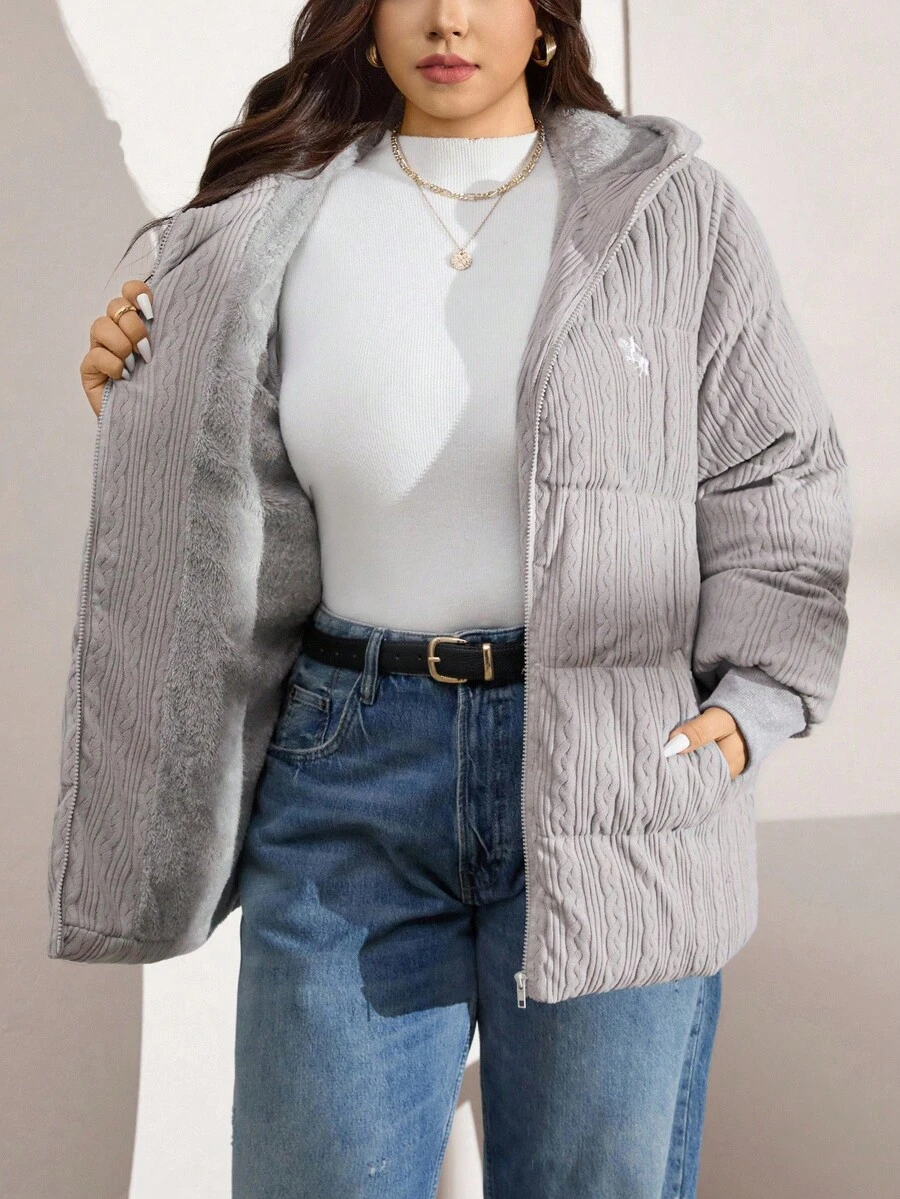 Zelara 大码女式纯色长袖拉链连帽羽绒服,冬季假日保暖灰色外套,冬季舒适保暖,适合秋季圣诞节、新年、感恩节派对等场合 - 淺灰色 - 查看 1