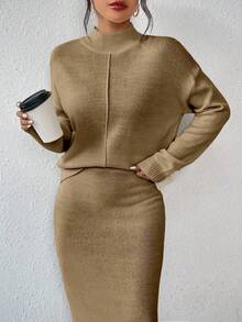 SHEIN 2件套：休闲立领长袖上衣和优雅针织裙 - 卡其色 - 查看 6
