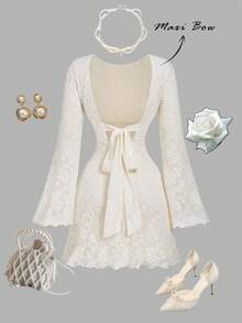 SHEIN MOD Đầm ngắn thời trang hở lưng cổ tròn tay loe buộc dây ren gợi cảm cho nữ - Màu be - Xem 6