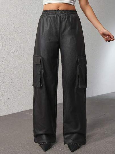 SHEIN ICON Women's Fashionable Versatile Solid Color Coated Cargo Pants