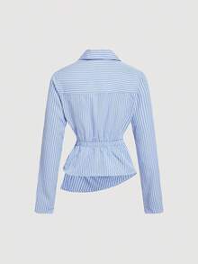 SHEIN MOD 女式蓝白条纹翻领长袖商务、商务休闲女装、90 年代服装、秋季服装、衣服、商务休闲女装、返校、女式衬衫、外出上衣、长袖衬衫、工作女式衬衫情人节