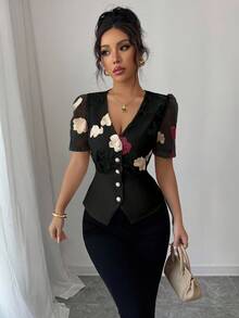 Selianne Áo sơ mi nữ cổ chữ V thắt eo in tiền cổ điển và thêu ren thanh lịch mùa hè, phù hợp để đi làm và đi nghỉ - màu đen - Xem 3