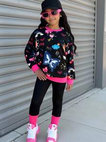 Tween Girls Casual Graffiti Colorblock Loose Fit Sweatshirt + Patchwork Leggings 2-Piece Set - Black - View 2