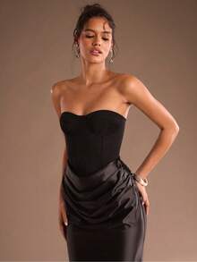 Glamine Váy đuôi cá xẻ tà bằng vải satin màu trơn, dáng ôm thanh lịch, phù hợp cho năm mới, Giáng sinh, tiệc tối gia đình - màu đen - Xem 3