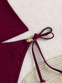 Swim Chiccia 女士海滩夏季音乐节细肩带金属饰品打结丁字裤成熟度假风格比基尼套装 - 酒紅色 - 查看 5