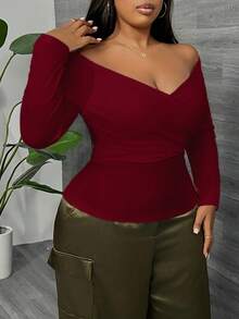 SHEIN SXY Fall Red Off-The-Shoulder Crossover Pleated Long Sleeve T-Shirt/Fall/Winter