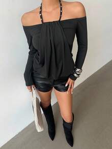 Aloruh Women's Fashion Commuter Rivet Decor Cold Shoulder Halter Top, Fall Autumn Back To School Homecoming Rave Festival Country Concert Ibiza - Black - View 5