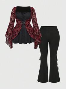 ROMWE EDITION 圣诞假期蕾丝撞色拼接大码女式两件套：喇叭袖上衣 + 喇叭裤 - 黑色 - 查看 9