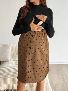 SHEIN Maternity Stand Collar Long Sleeve Patchwork Heart Print Button Design Casual Nursing Dress  Brown - Multicolor - View 7