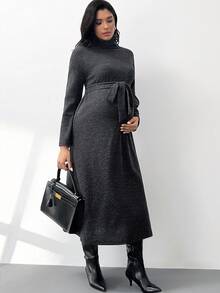 MaterniWear 孕妇纯色高领长裙，秋冬 - 灰色 - 查看 7