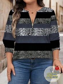 SHEIN LUNE Casual Striped Colorblock Pattern Loose Fit Half-Zip Round Neck Long Sleeve T-Shirt, Suitable For Spring & Autumn - Navy Blue - View 1