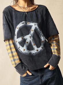 Bohemela Áo thun BOHO cổ tròn tay dài kẻ caro rộng rãi họa tiết hòa bình có chi tiết đính đinh tán dành cho nữ, phong cách đồng quê miền Tây cổ điển, kỳ nghỉ hòa nhạc, trở lại trường, Halloween, Giáng sinh, phù hợp cho mùa thu/đông - Nhiều màu - Xem 9
