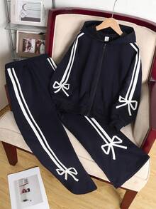 SHEIN Tween Girl Solid Color Knit Patchwork Ribbon Trim Hooded Cardigan And Wide Leg Pants Casual Outfit - Navy Blue - View 2