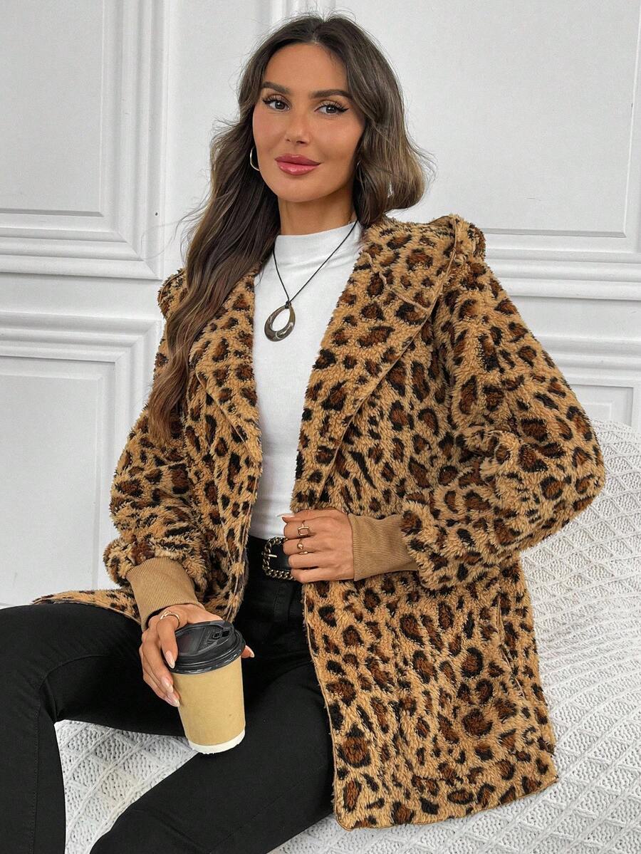 EMERY ROSE 女士豹纹长袖羊羔绒连帽外套，常规版型，秋冬季女式猎豹纹仿毛皮外套，动物纹外出装 - 彩色 - 查看 1