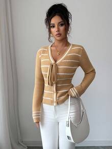SHEIN Elenzya Gestreifter Schleifen-Cardigan für Frauen - Khaki - Übersicht 3