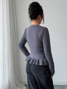 SHEIN Elenzya Slim Fit Ruffle Trim Button Closure Long Sleeve Solid Color Versatile Women Sweater - Grey - View 2