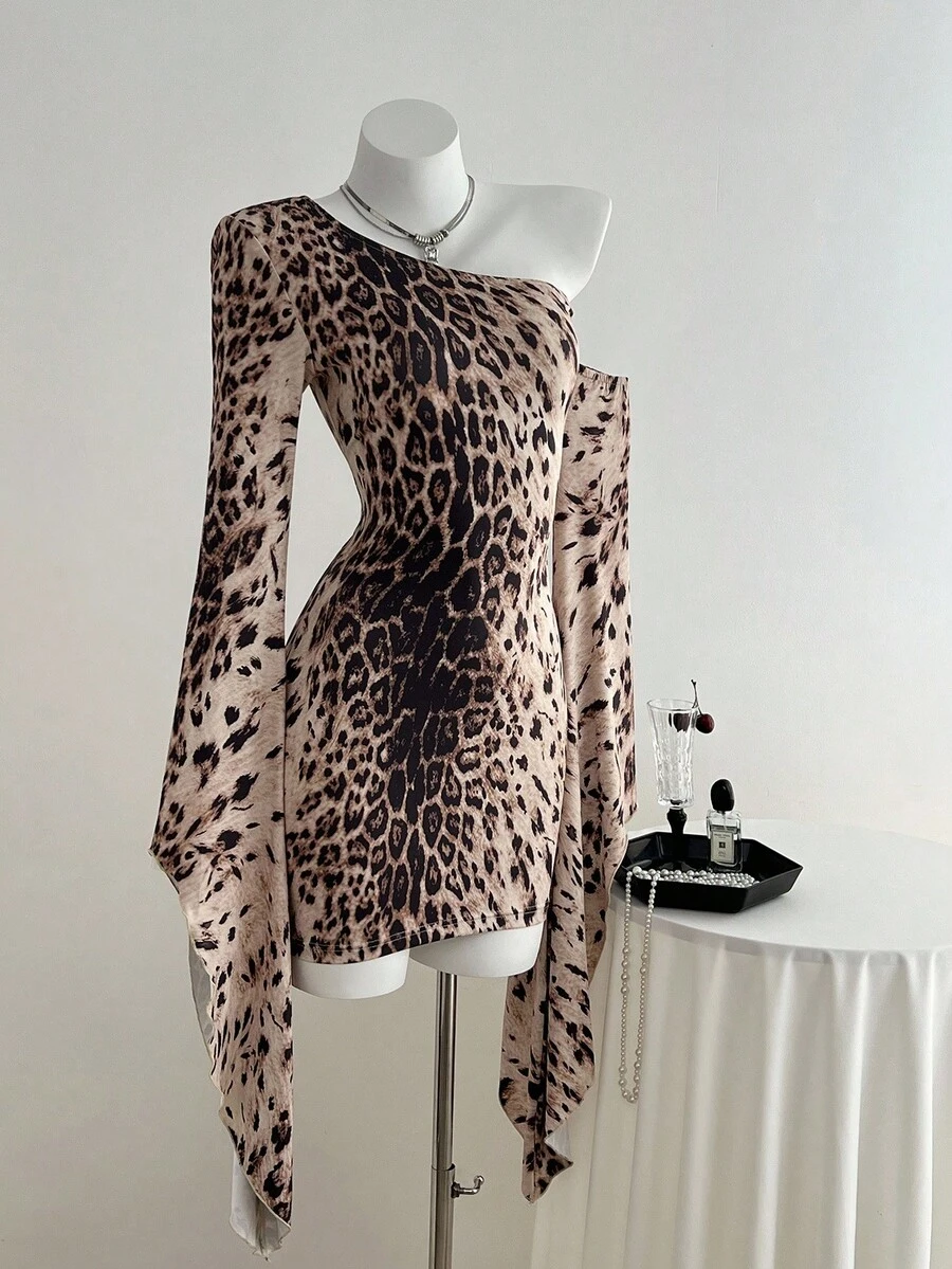 SHEIN Unity 1 pieza Vestido casual vintage de mujer con estampado de leopardo degradado, manga acampanada y bajo asimétrico, adecuado para salir, citas y fiestas en otoño/invierno - Multicolor - Ver 1
