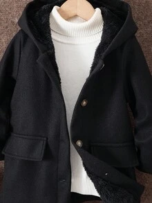 Sparklyn 男童休闲加厚仿毛皮连帽中长款外套，秋冬款 - 黑色 - 查看 6