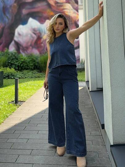 Jeta Ari 女士纯色圆领宽松背心和宽松口袋牛仔裤套装，休闲风格