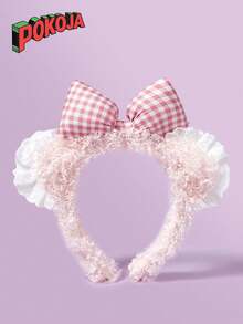 1pc Lace Bear Adorable Milk Puff Bear Ears & Pink Bow Plush Headband - Soft Polyester Lace Cartoon Hair Hoop For All Hair Types, Perfect For Face Washing & Styling, Teddy Bear Plush - Multicolor - View 6