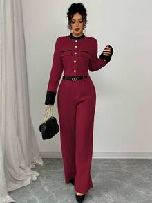 SHEIN Clasi 女士优雅通勤套装，撞色长袖单排扣夹克和裤子，秋季 - 酒紅色 - 查看 5