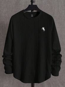 HIMLAND 男士休闲纯色刺绣长袖T恤，秋季款 - 黑色 - 查看 3