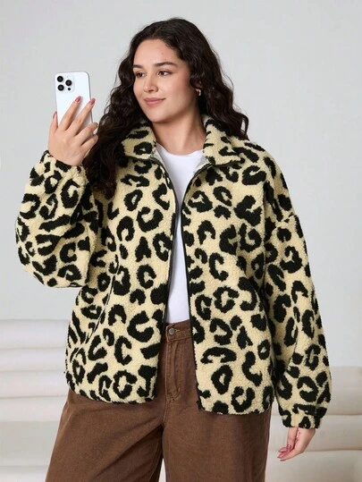 SHEIN EZwear 大码豹纹拉链长袖夹克