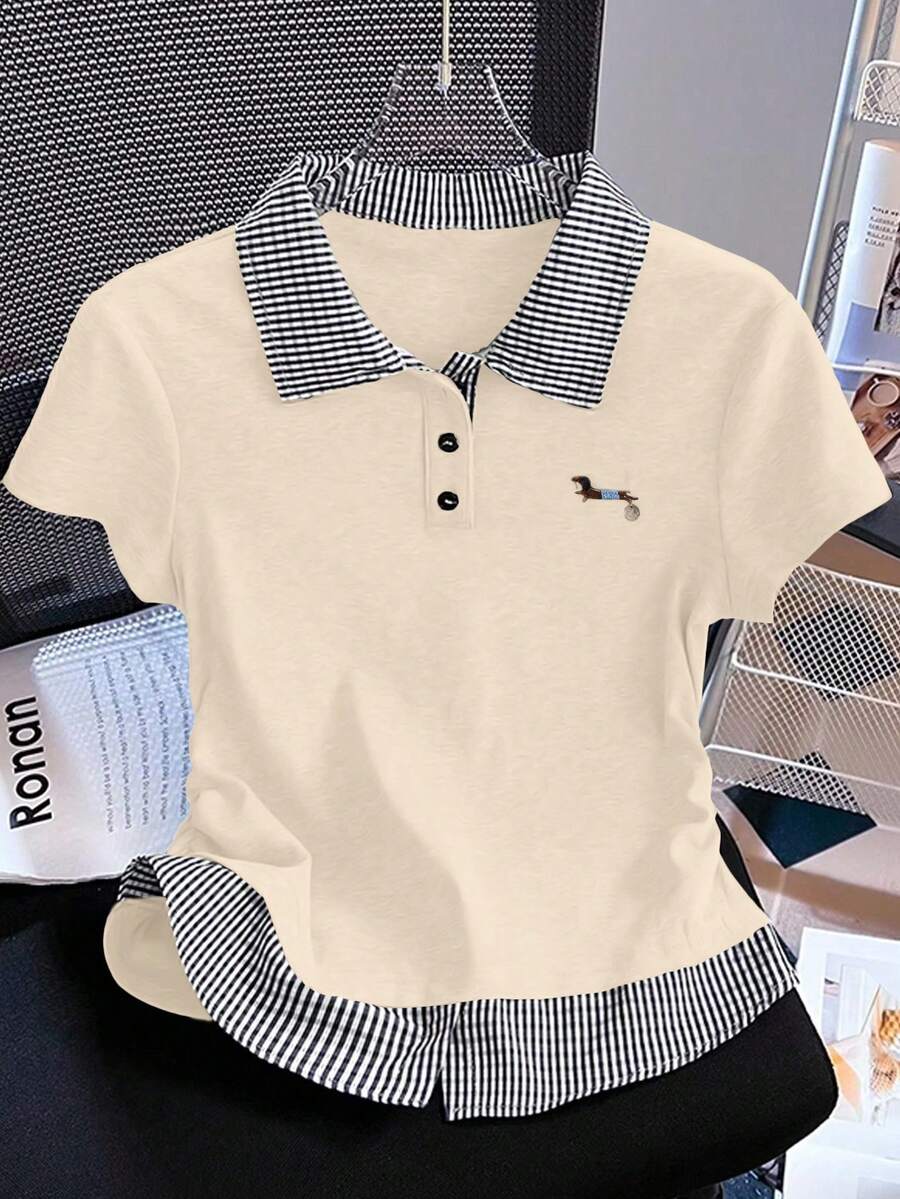 INAWLY Áo thun polo tay ngắn cổ bẻ kẻ sọc chắp vá dành cho nữ in hình chó Dachshund - Màu be - Xem 1