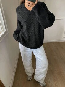 DAZY 女式复古深V领毛衣，秋冬上衣 - 黑色 - 查看 3