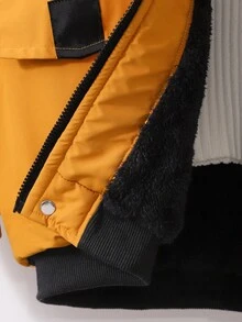 1pc Zip Front Pocket Fleece Collar Thick Bomber Jacket For Teenage Boys, Casual Sporty Style