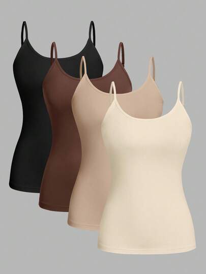 SHEIN EZwear 4pcs/Set Plus Size Women Solid Color Casual Tight-Fitting Camisole Vest Top, Versatile For Spring/Summer