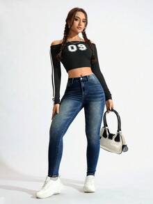 SHEIN ICON 女式高腰口袋紧身休闲百搭牛仔裤 - 深色水洗藍 - 查看 3