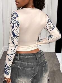 BamGleam Women's Floral Print Round Neck Long Sleeve Cropped Casual T-Shirt
