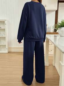 SHEIN 2件套孕妇休闲纯色运动衫和运动裤套装，秋冬 - 藏蓝色 - 查看 2