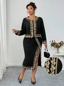 Elenzga Christmas Plus Size Women's 2 Pieces Set Poet Blouse Mesh Tassel Sheer Slip Dress Elegant Party Outfit, Vacation, Wedding, Graceful Apricot 2 Pieces Set - Black - View 6
